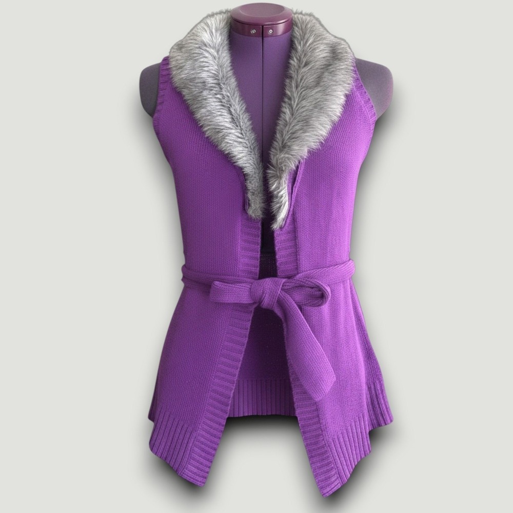 True Freedom Womens Cardigan Vest S Purple Sleeveless Casual Boho Faux Fur‎ Belt